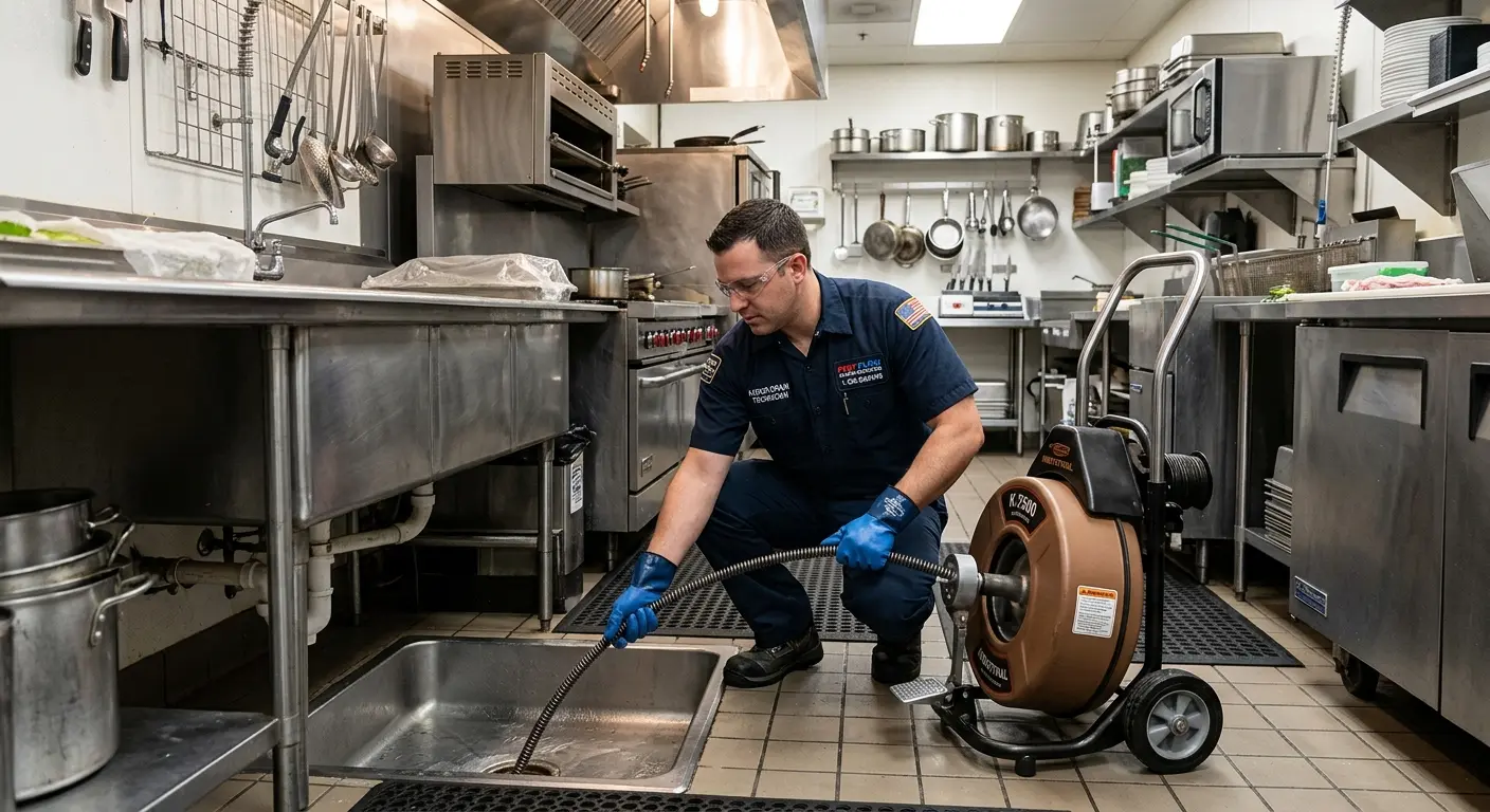Commercial drain cleaning service in a restaurant kitchen in Greenfield