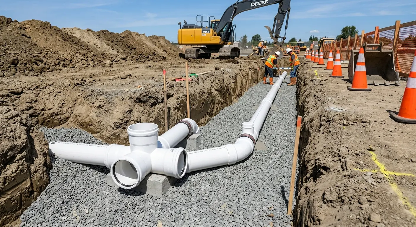 New PVC sewer pipe installation in open trench for Commercial Drain Cleaning in Greenfield