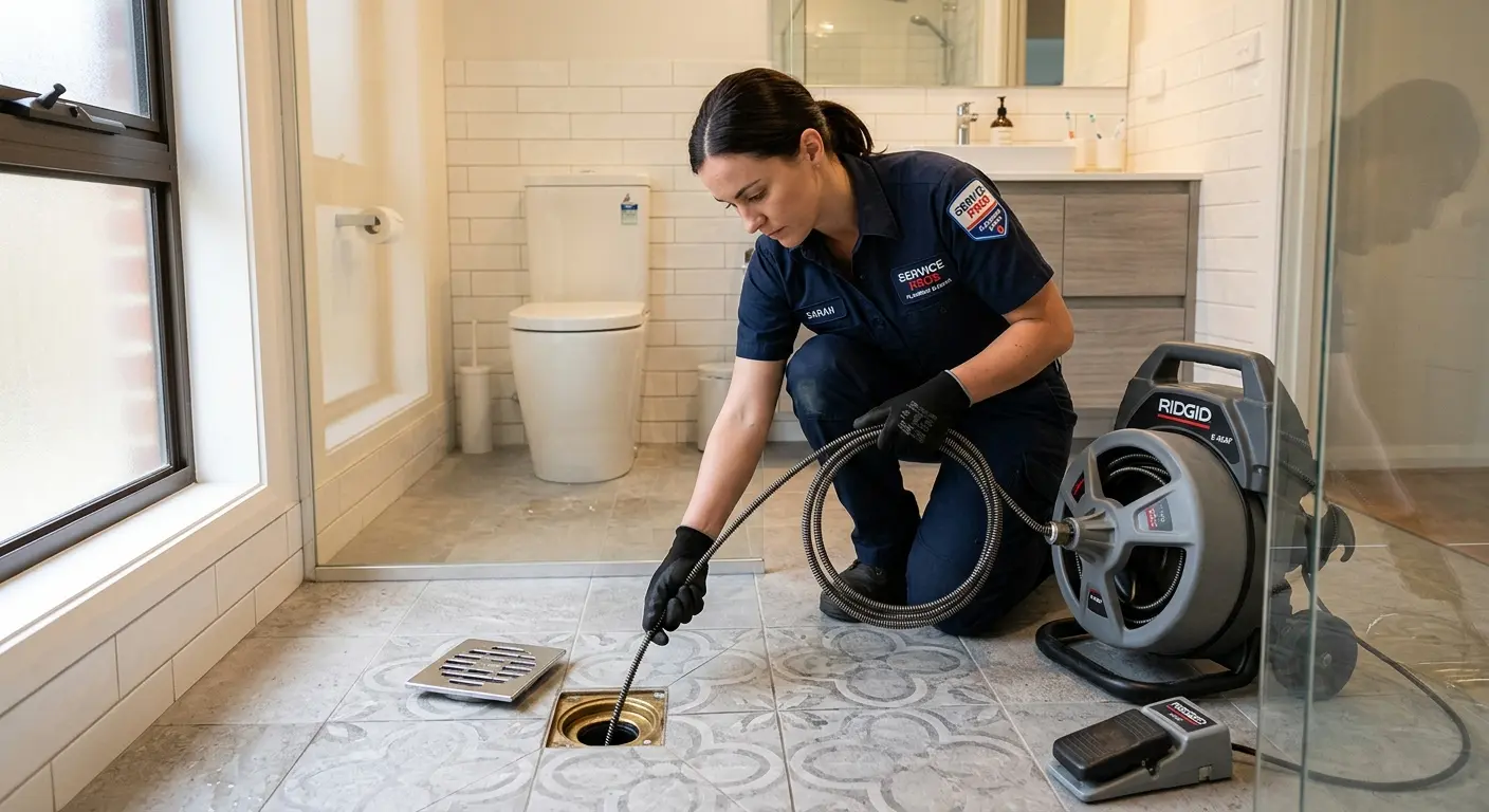 Technician clearing a bathroom floor drain for Drain Repair in Greenfield